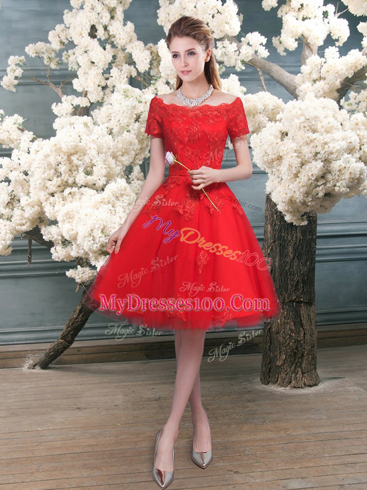 Red Tulle Lace Up Prom Evening Gown Short Sleeves Knee Length Lace
