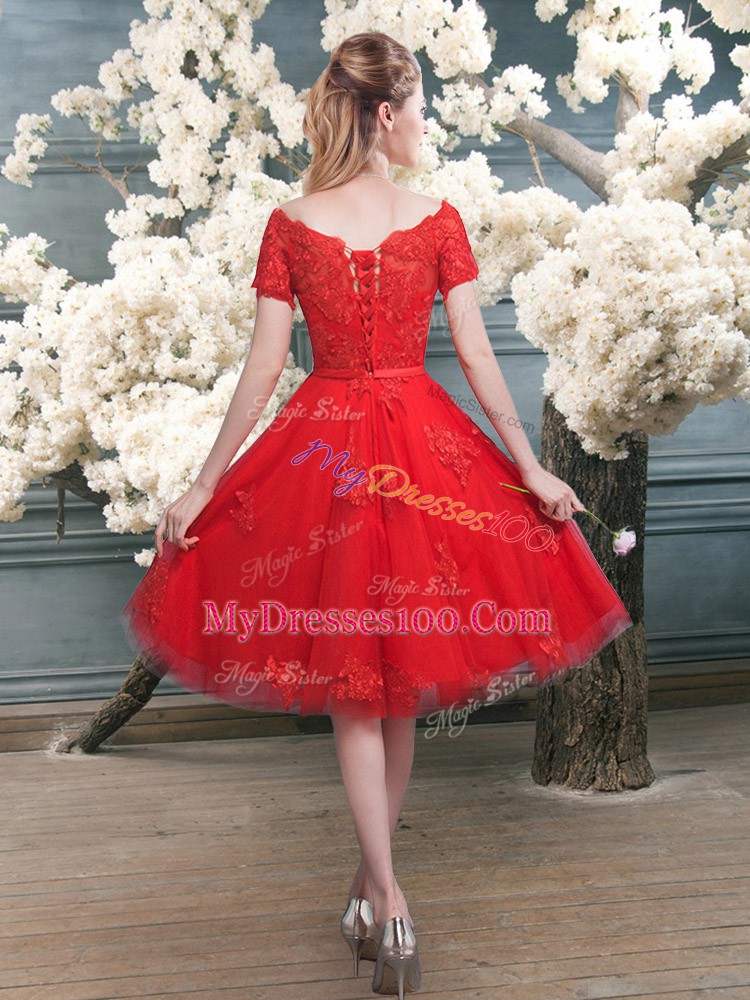 Red Tulle Lace Up Prom Evening Gown Short Sleeves Knee Length Lace