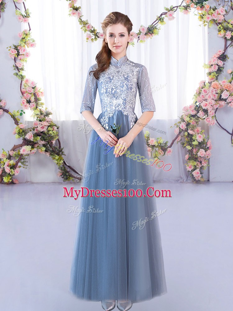 Tulle High-neck Half Sleeves Lace Up Lace Bridesmaid Dress in Blue