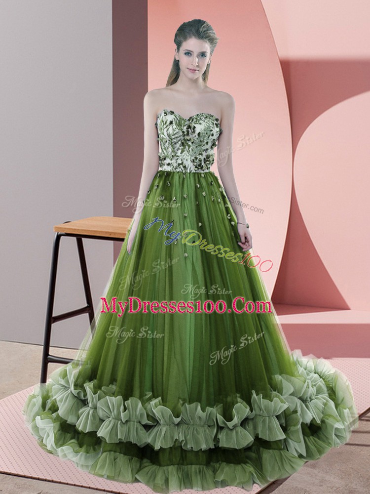 Sleeveless Sweep Train Lace Up Beading and Appliques Evening Dress