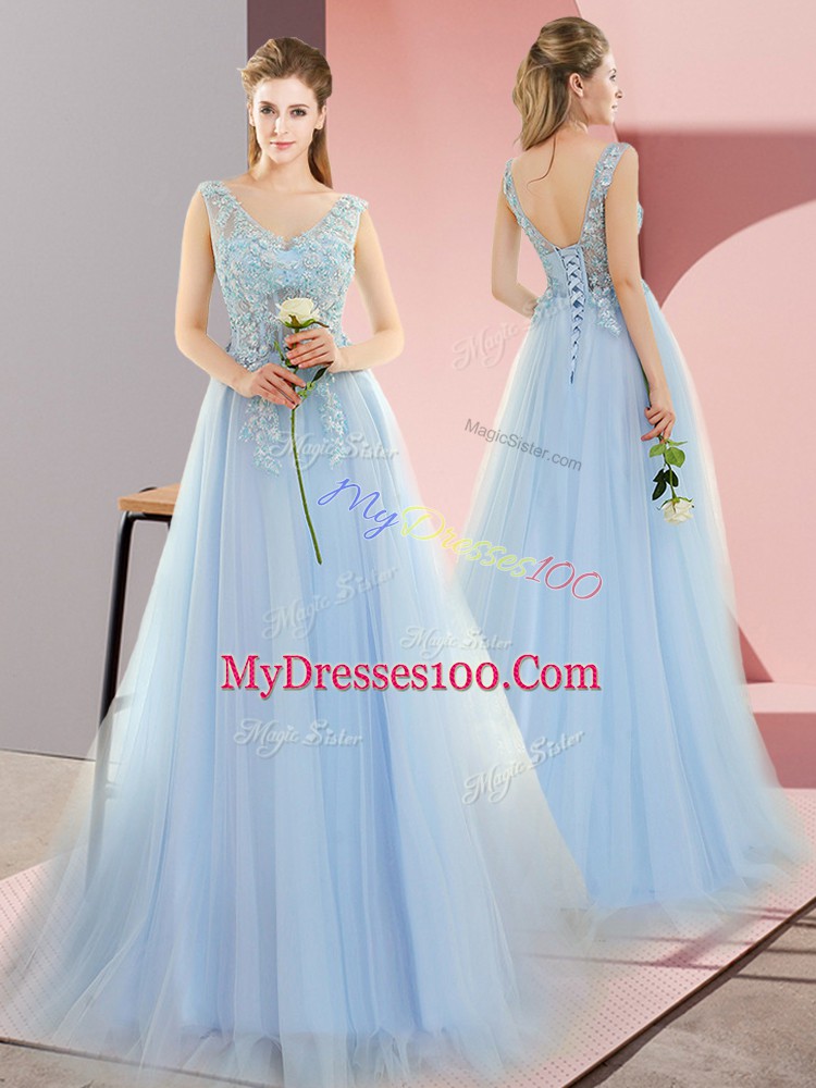 Blue Empire Tulle V-neck Sleeveless Beading Lace Up Homecoming Dress Sweep Train