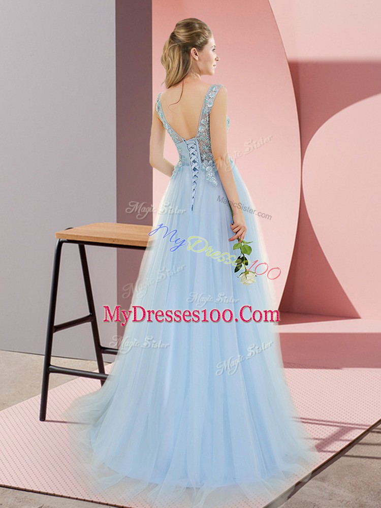 Blue Empire Tulle V-neck Sleeveless Beading Lace Up Homecoming Dress Sweep Train