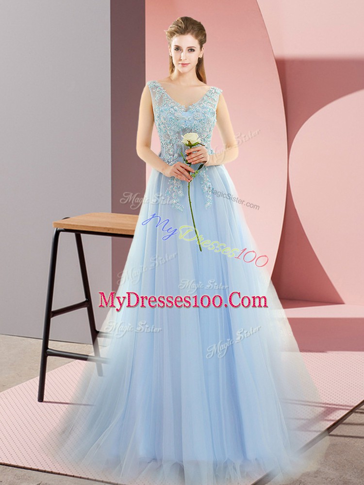 Blue Empire Tulle V-neck Sleeveless Beading Lace Up Homecoming Dress Sweep Train