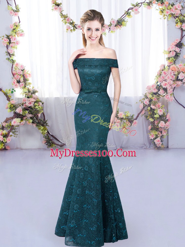 Peacock Green Lace Up Off The Shoulder Lace Bridesmaids Dress Sleeveless