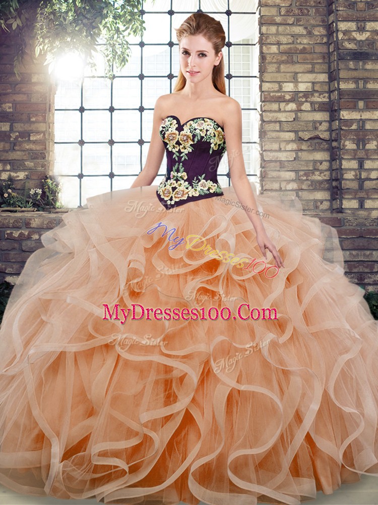 Edgy Sleeveless Embroidery and Ruffles Lace Up Ball Gown Prom Dress with Peach Sweep Train