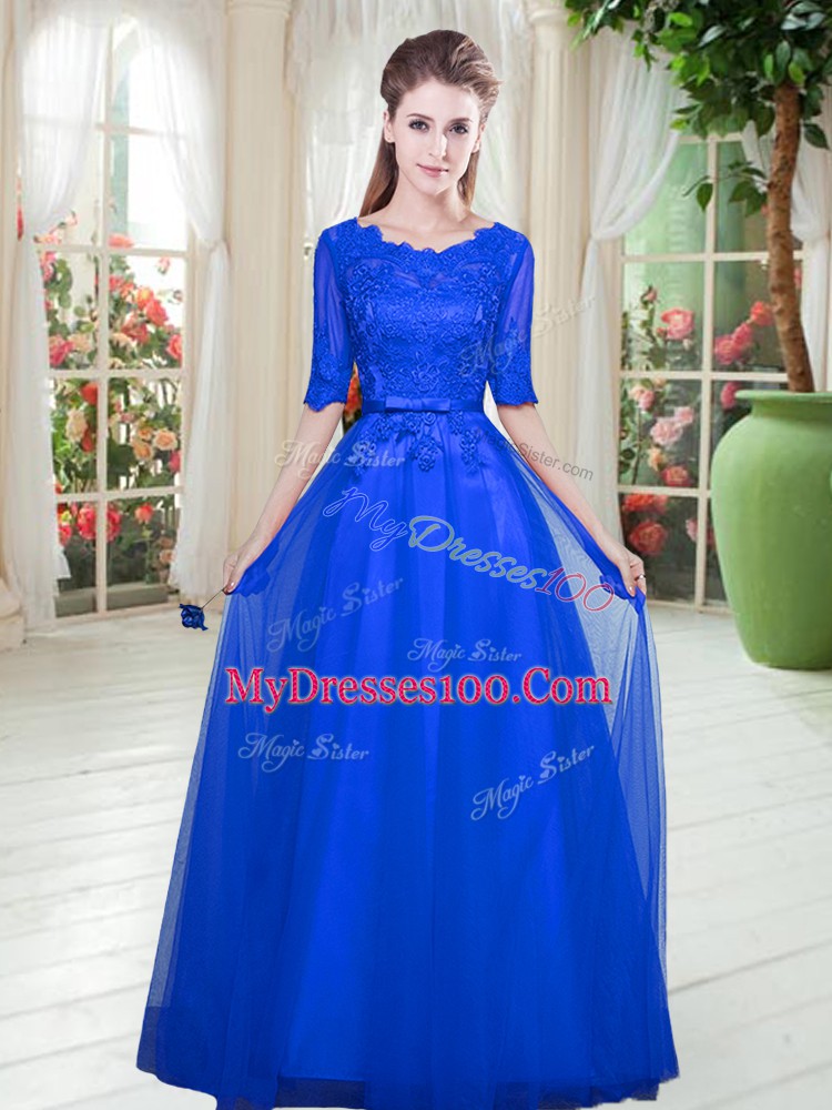 New Style Royal Blue Empire Tulle Scoop Half Sleeves Lace Floor Length Lace Up Evening Dress