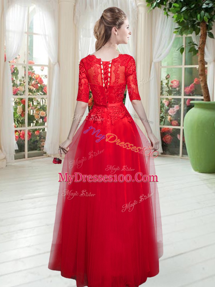 New Style Royal Blue Empire Tulle Scoop Half Sleeves Lace Floor Length Lace Up Evening Dress