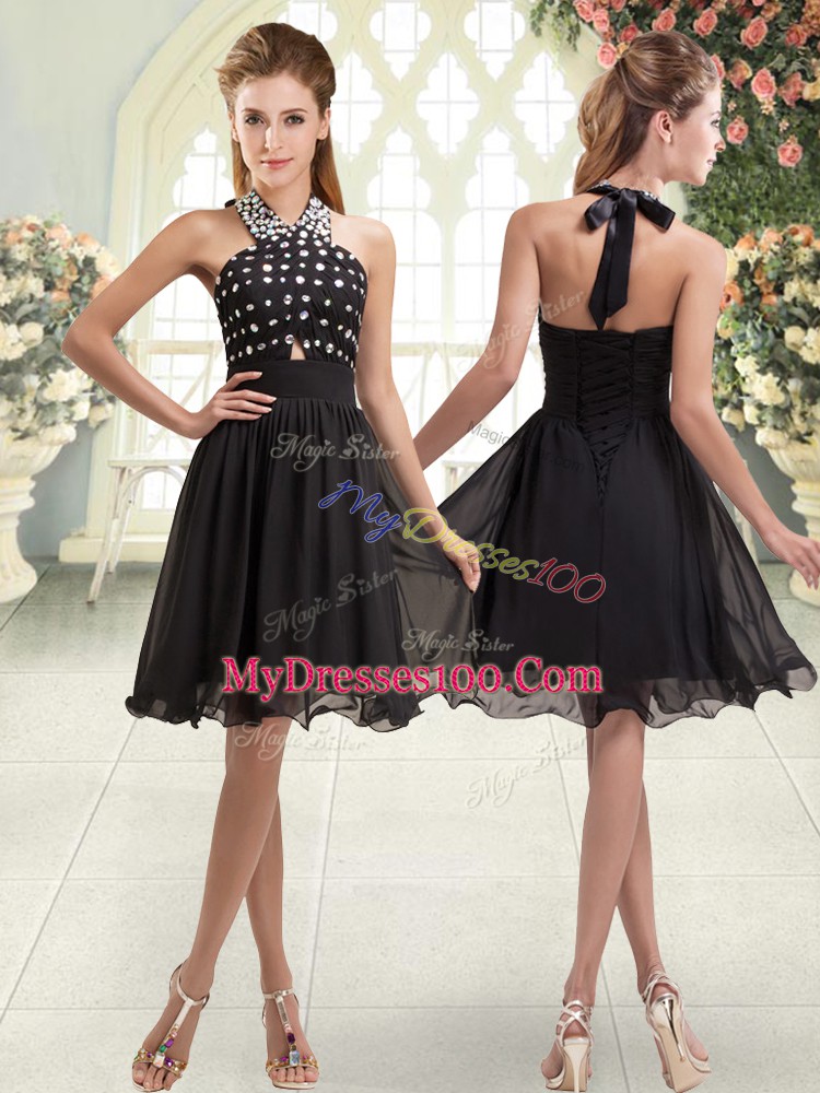 Sleeveless Chiffon Mini Length Lace Up Womens Evening Dresses in Black with Beading