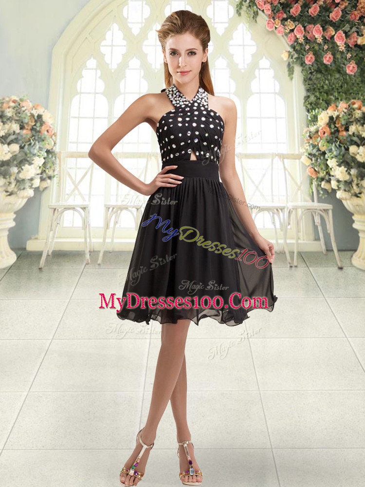 Sleeveless Chiffon Mini Length Lace Up Womens Evening Dresses in Black with Beading