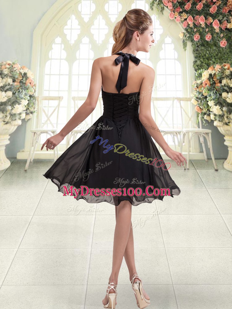 Sleeveless Chiffon Mini Length Lace Up Womens Evening Dresses in Black with Beading