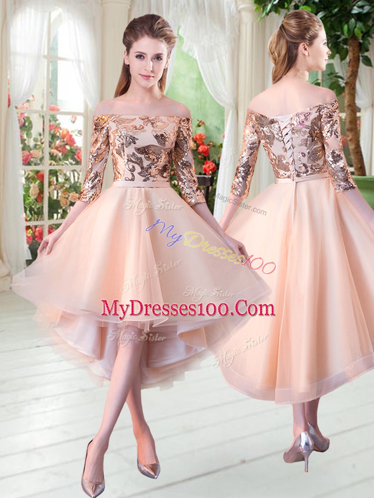 Unique Peach 3 4 Length Sleeve Tulle Lace Up Prom Evening Gown for Prom and Party