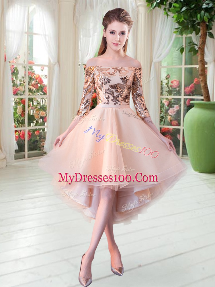 Unique Peach 3 4 Length Sleeve Tulle Lace Up Prom Evening Gown for Prom and Party