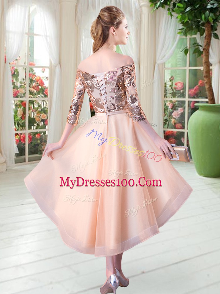 Unique Peach 3 4 Length Sleeve Tulle Lace Up Prom Evening Gown for Prom and Party