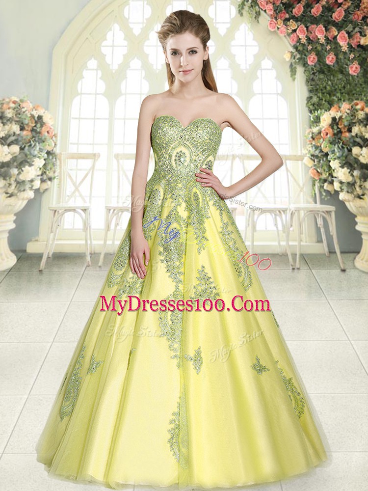 Glamorous Tulle Sweetheart Sleeveless Lace Up Appliques Juniors Evening Dress in Yellow Green