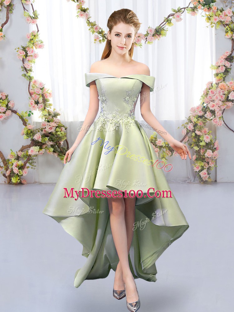 Sleeveless Satin High Low Lace Up Wedding Party Dress in Yellow Green with Appliques