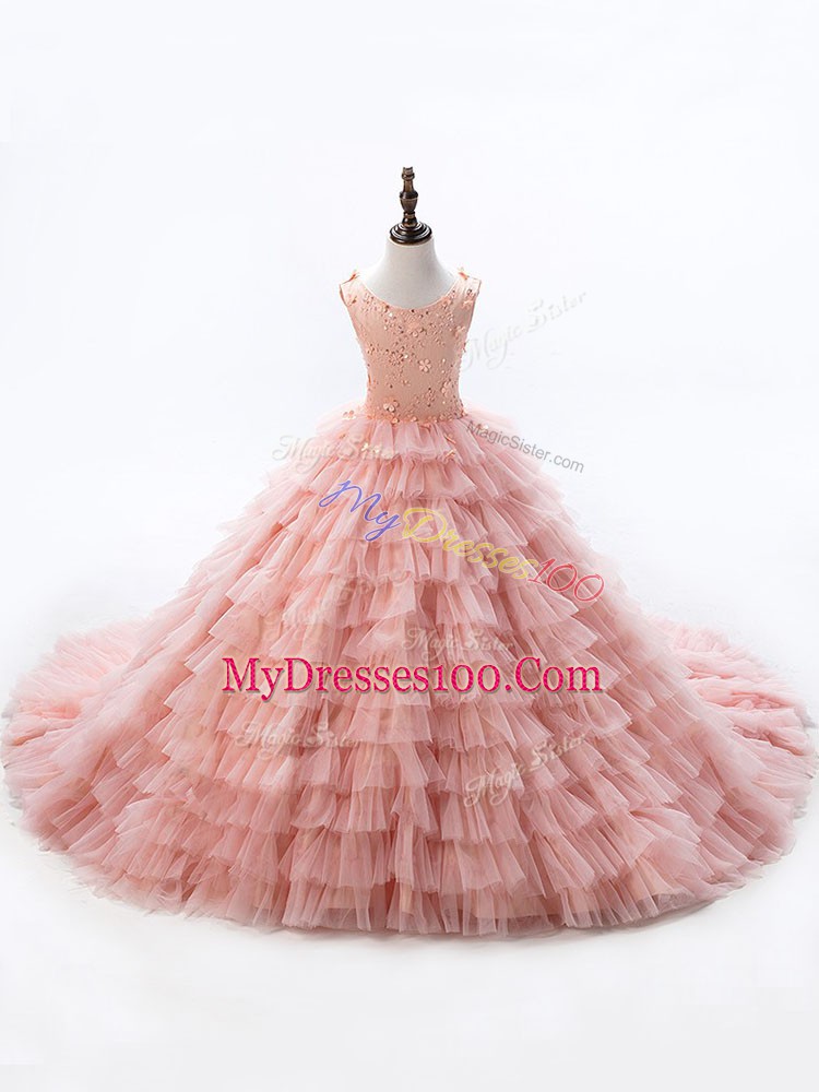 Pink Ball Gowns Beading and Ruffled Layers Glitz Pageant Dress Lace Up Sleeveless
