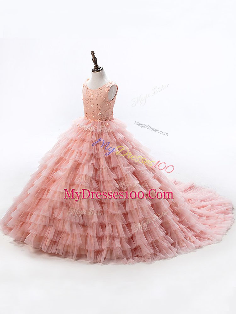 Pink Ball Gowns Beading and Ruffled Layers Glitz Pageant Dress Lace Up Sleeveless