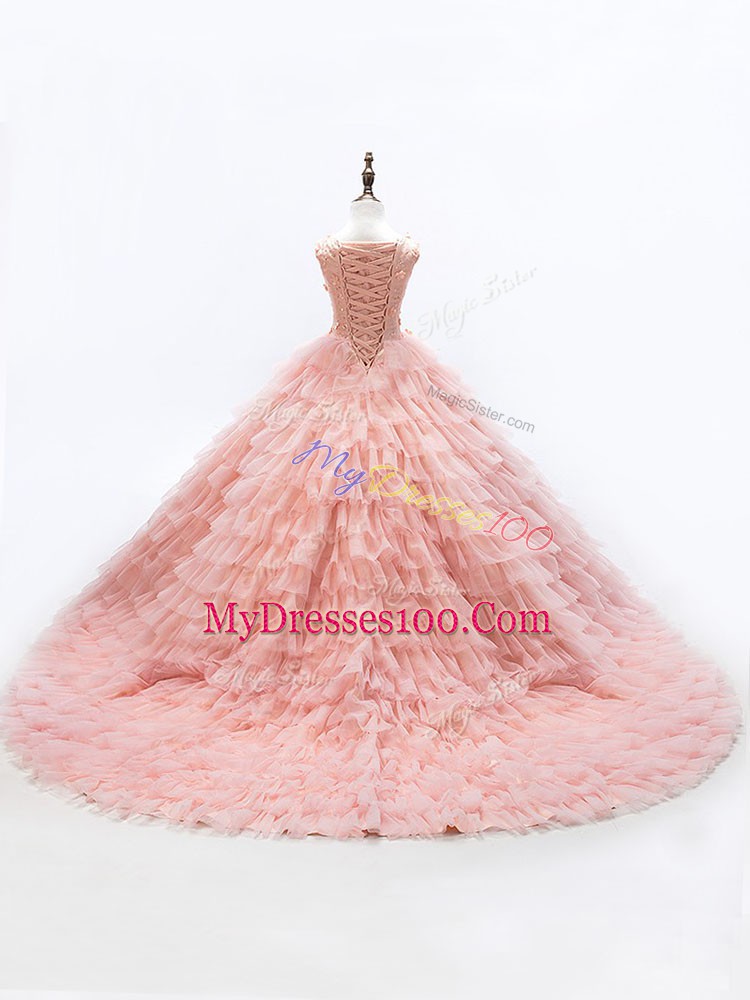 Pink Ball Gowns Beading and Ruffled Layers Glitz Pageant Dress Lace Up Sleeveless