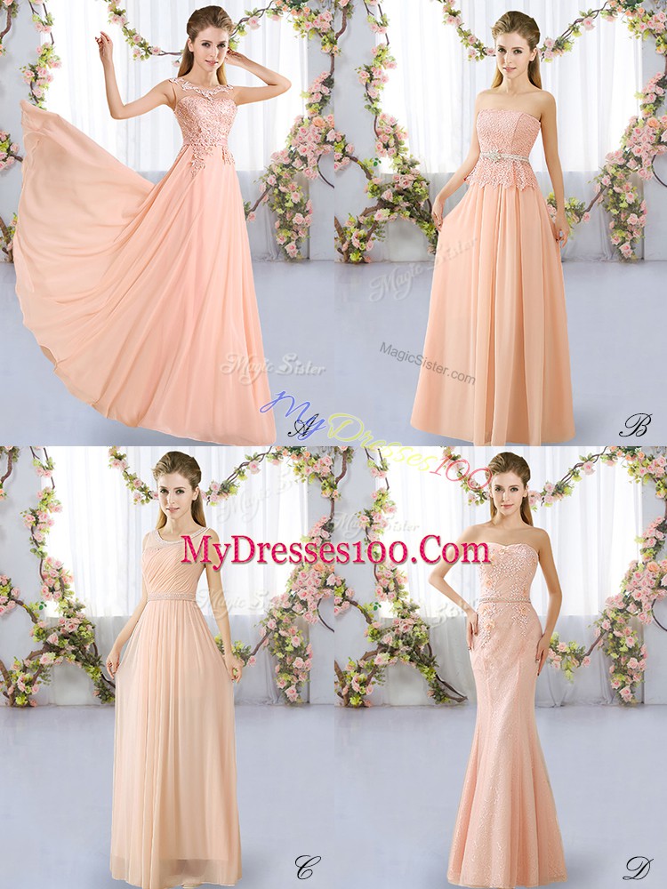 Suitable Peach Bridesmaid Dress Prom and Party with Lace Scoop Sleeveless Lace Up