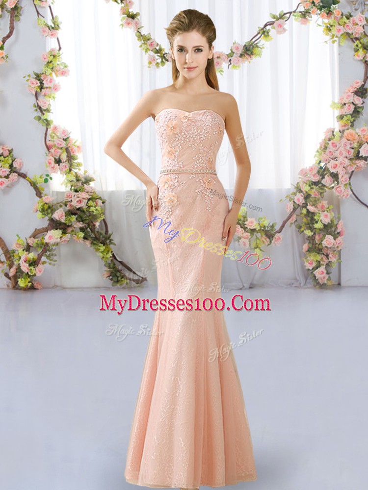 Suitable Peach Bridesmaid Dress Prom and Party with Lace Scoop Sleeveless Lace Up