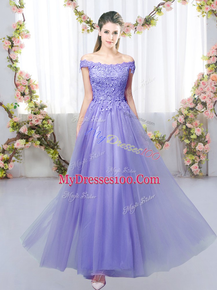 Edgy Lavender Off The Shoulder Neckline Lace Bridesmaid Dress Sleeveless Lace Up