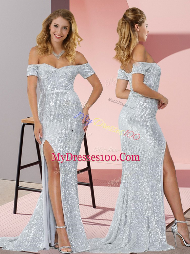 Wonderful Short Sleeves Sequined Sweep Train in Silver with Ruching