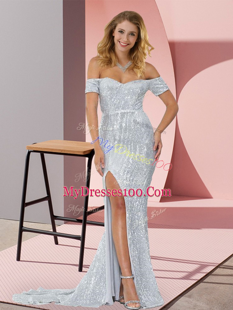 Wonderful Short Sleeves Sequined Sweep Train in Silver with Ruching