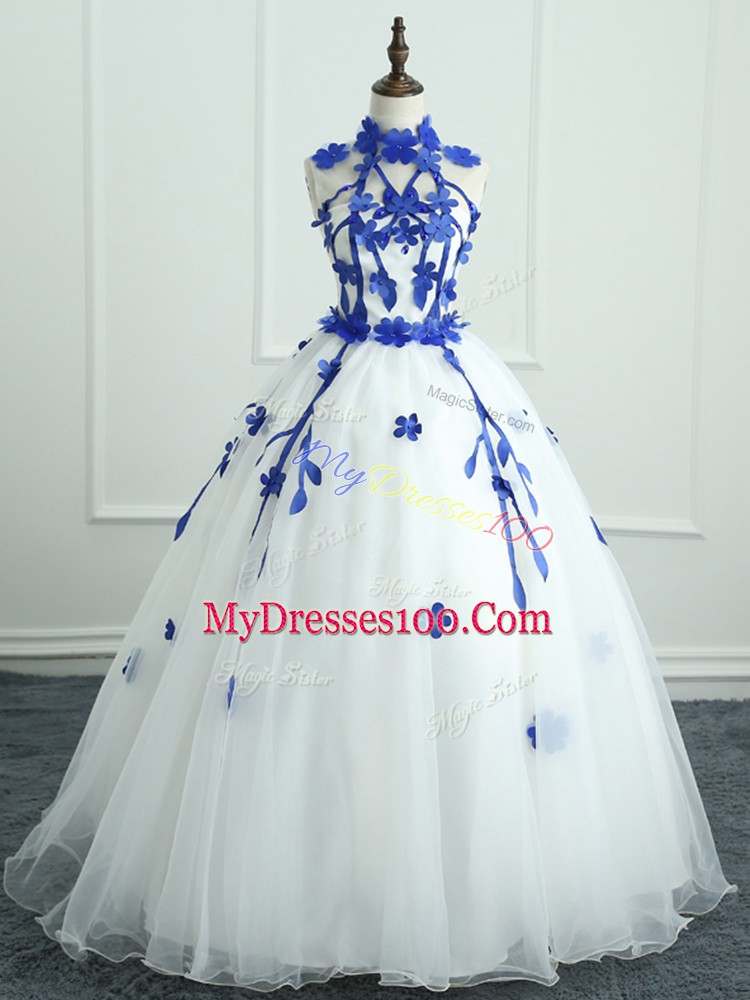 Flirting White Sleeveless Appliques Floor Length 15 Quinceanera Dress