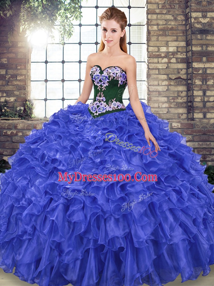 Sweetheart Sleeveless Sweep Train Lace Up Quinceanera Dress Royal Blue Organza
