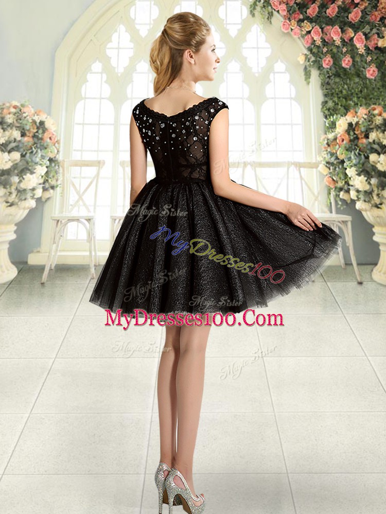 Smart Square Sleeveless Prom Evening Gown Mini Length Beading Black Tulle