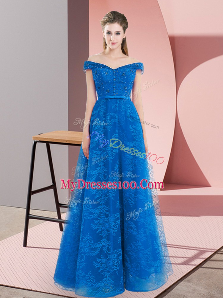 Off The Shoulder Sleeveless Lace Up Womens Evening Dresses Blue