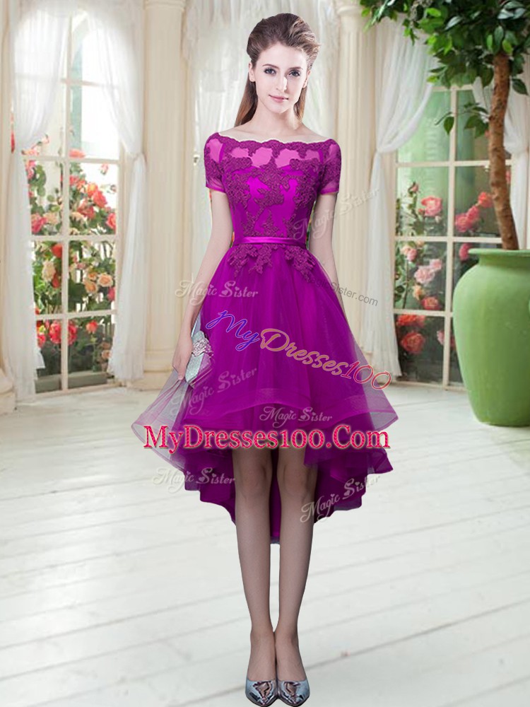 Purple A-line Off The Shoulder Short Sleeves Tulle High Low Lace Up Appliques Prom Dresses