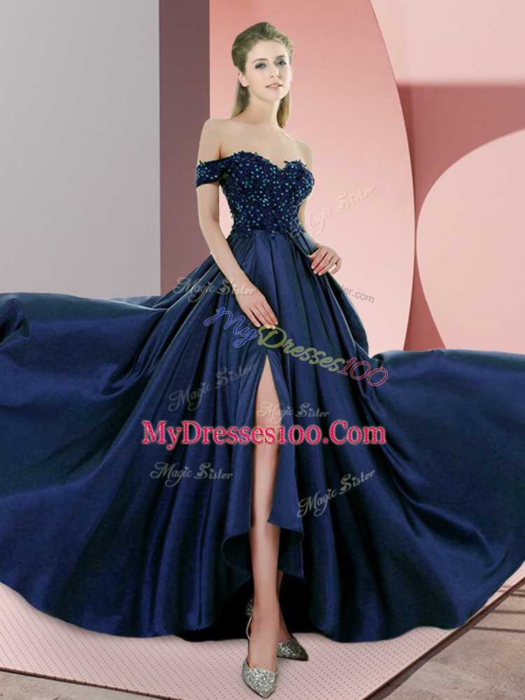 Hot Sale Sleeveless Elastic Woven Satin Sweep Train Backless Prom Dresses in Navy Blue with Beading