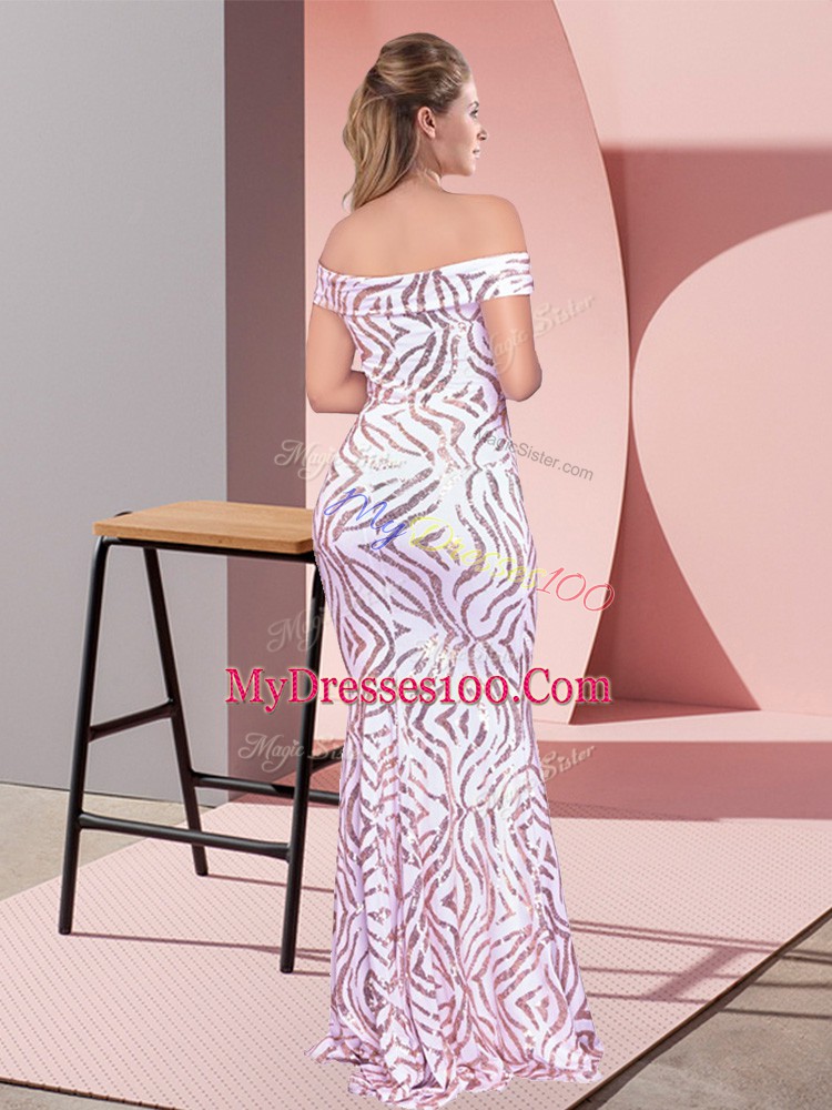 Glorious Off The Shoulder Sleeveless Sequined Dress for Prom Ruching Zipper