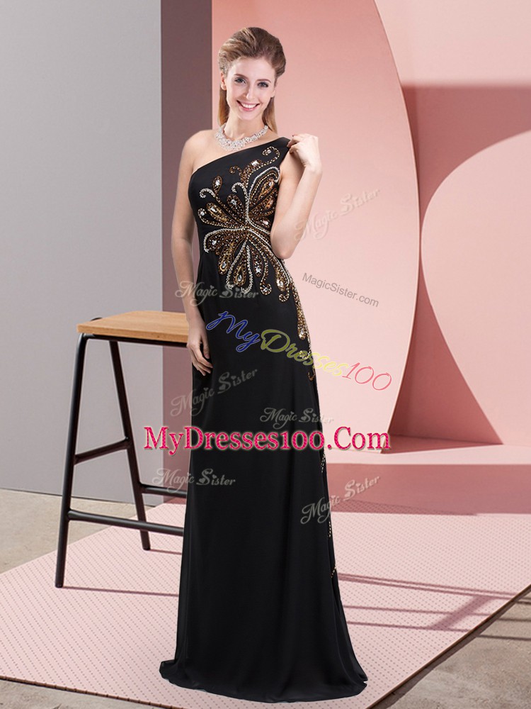 Clearance One Shoulder Sleeveless Prom Gown Floor Length Beading Black Chiffon