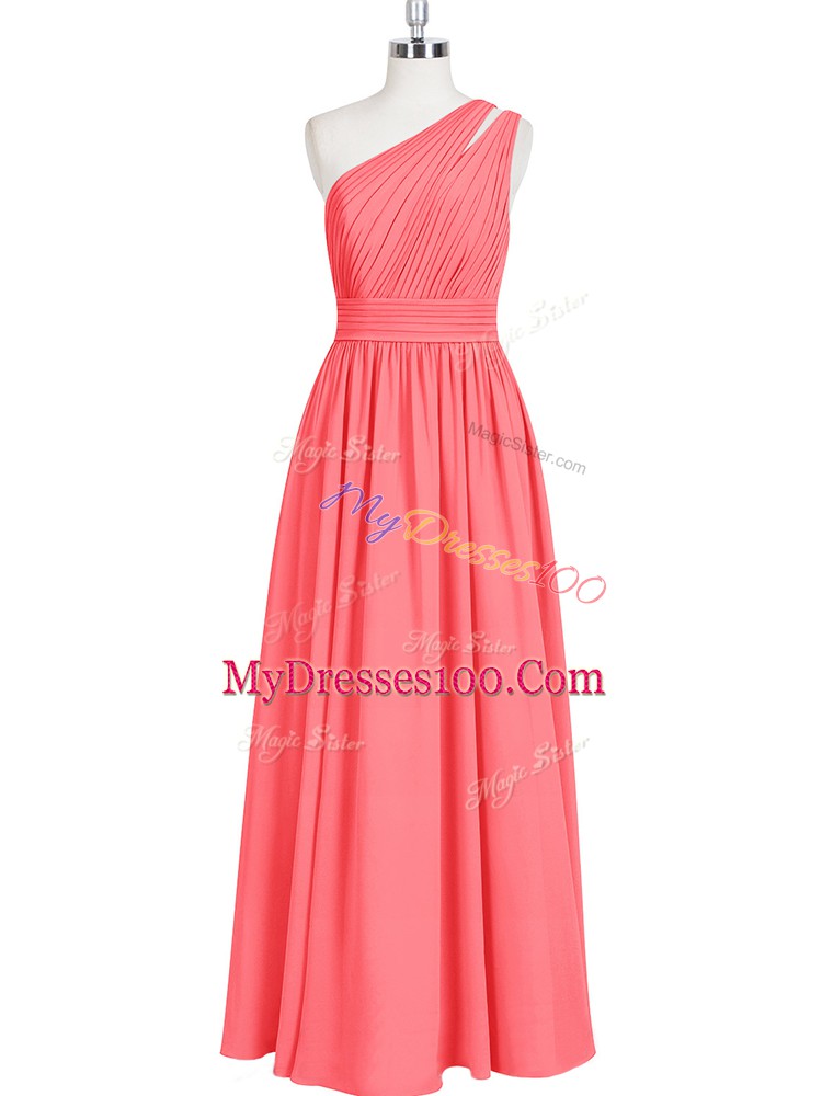 Colorful A-line Prom Gown Red One Shoulder Chiffon Sleeveless Floor Length Zipper