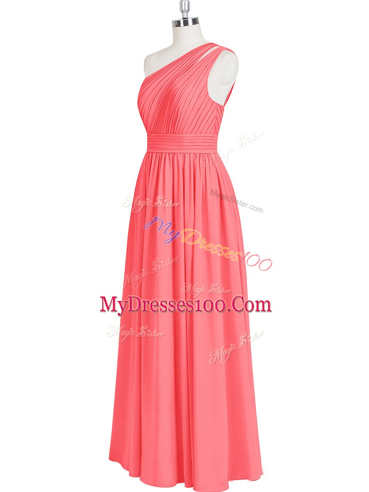 Colorful A-line Prom Gown Red One Shoulder Chiffon Sleeveless Floor Length Zipper