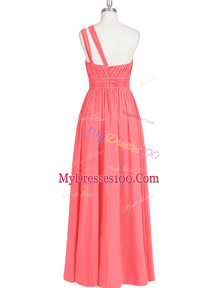 Colorful A-line Prom Gown Red One Shoulder Chiffon Sleeveless Floor Length Zipper