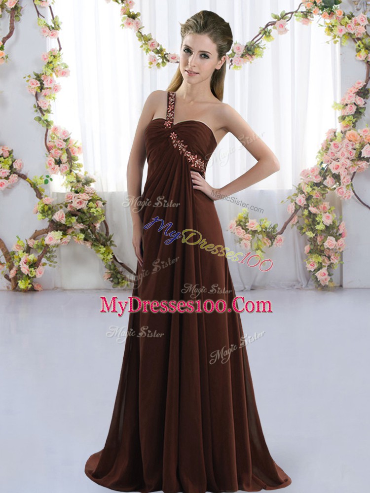 Fitting Brown One Shoulder Neckline Beading Bridesmaid Dress Sleeveless Lace Up