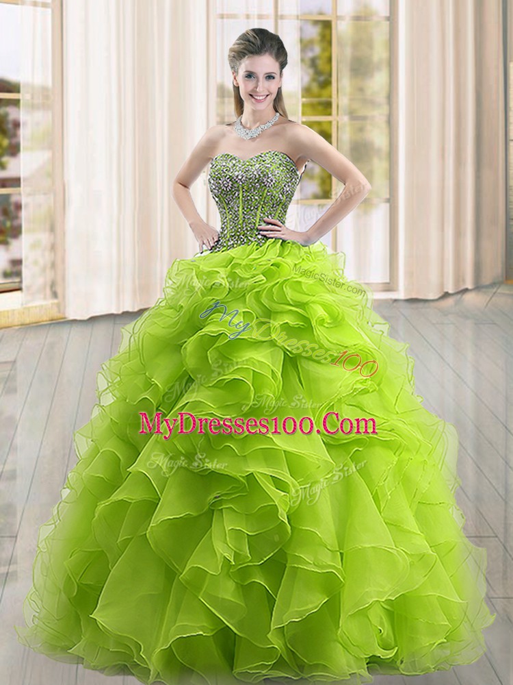 Floor Length Yellow Green Quince Ball Gowns Sweetheart Sleeveless Lace Up