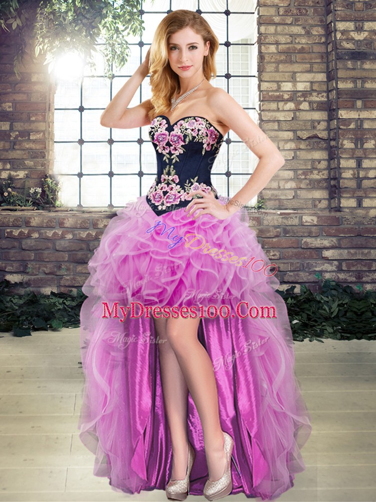 High Class Appliques and Embroidery Prom Dress Lilac Lace Up Sleeveless High Low
