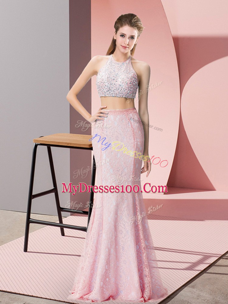 Lace Sleeveless Floor Length Prom Gown and Beading