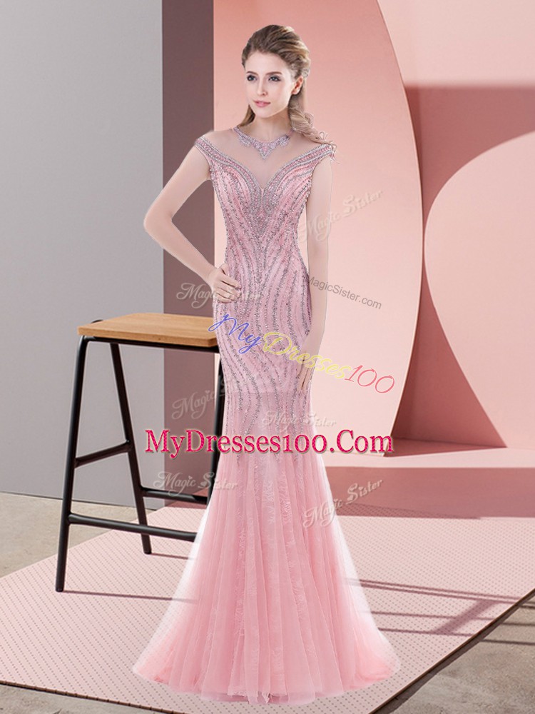 Trendy Pink Zipper Evening Dress Beading and Lace Cap Sleeves Sweep Train