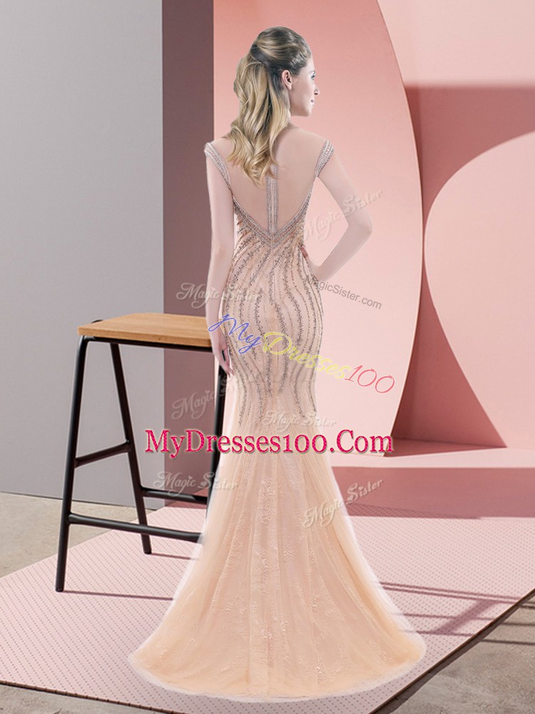 Trendy Pink Zipper Evening Dress Beading and Lace Cap Sleeves Sweep Train