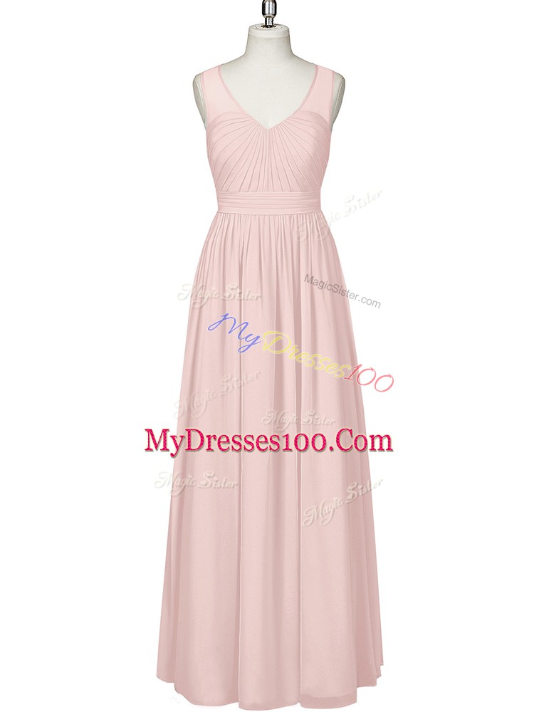 Elegant Pink Chiffon Zipper V-neck Sleeveless Floor Length Ruching