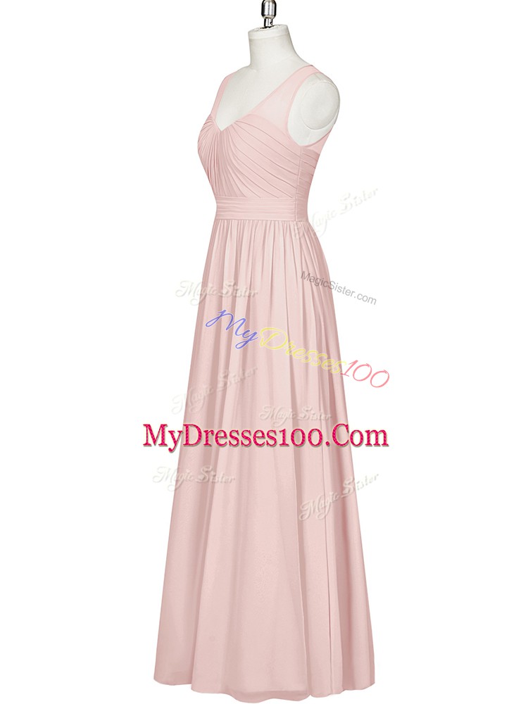 Elegant Pink Chiffon Zipper V-neck Sleeveless Floor Length Ruching