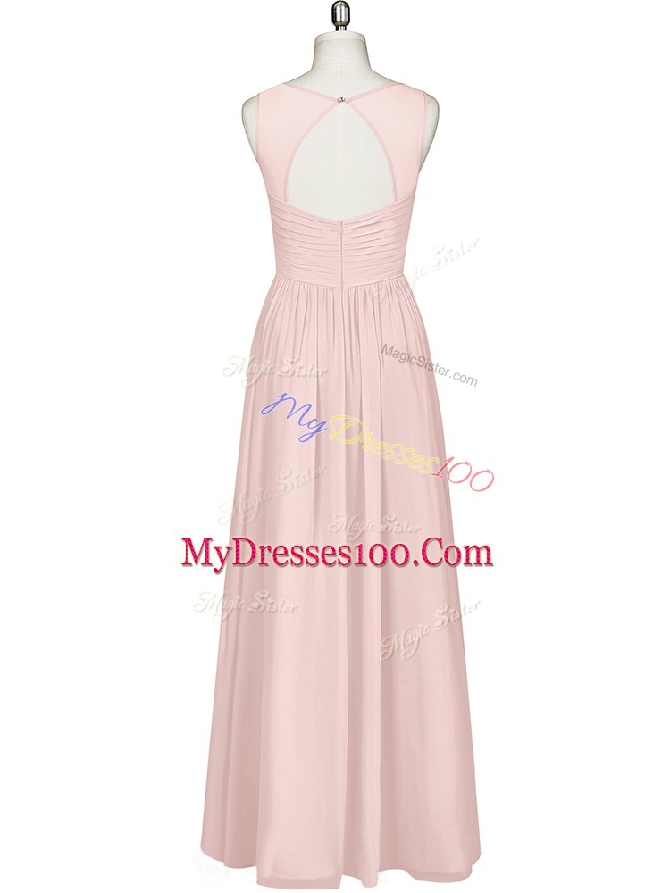 Elegant Pink Chiffon Zipper V-neck Sleeveless Floor Length Ruching