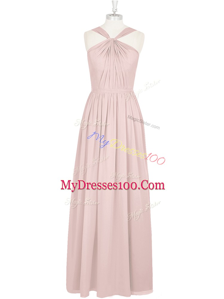 Floor Length Pink Womens Evening Dresses Halter Top Sleeveless Zipper