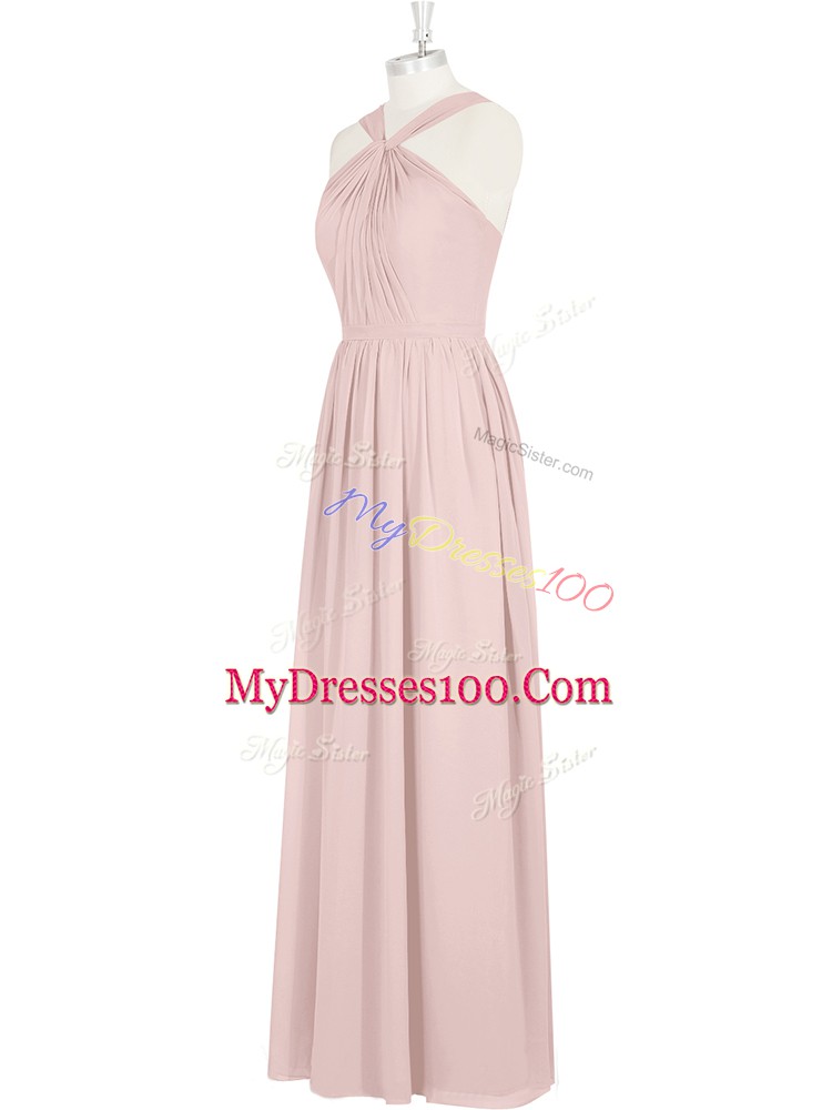 Floor Length Pink Womens Evening Dresses Halter Top Sleeveless Zipper