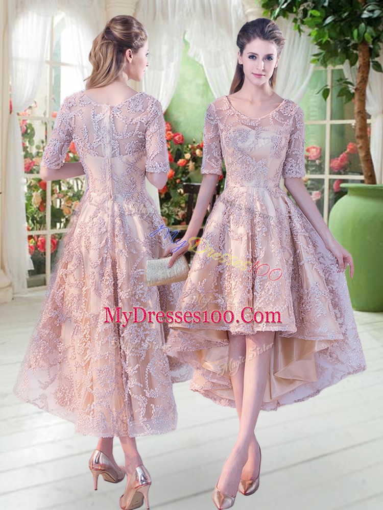 Beauteous A-line Prom Party Dress Champagne Scoop Half Sleeves High Low Zipper
